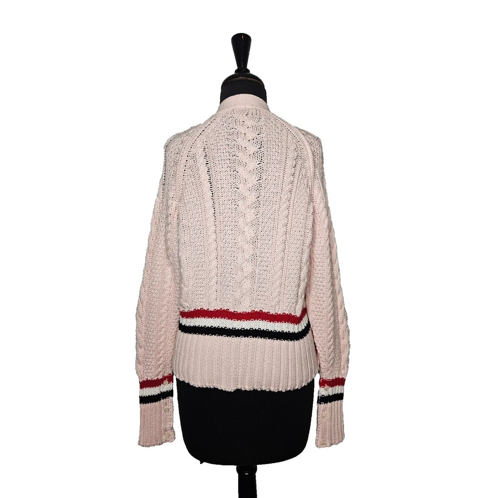 BONNER of IRELAND Women's Cable Knit Cardigan Sweater Medium Pink Striped Preppy - Picture 5 of 12